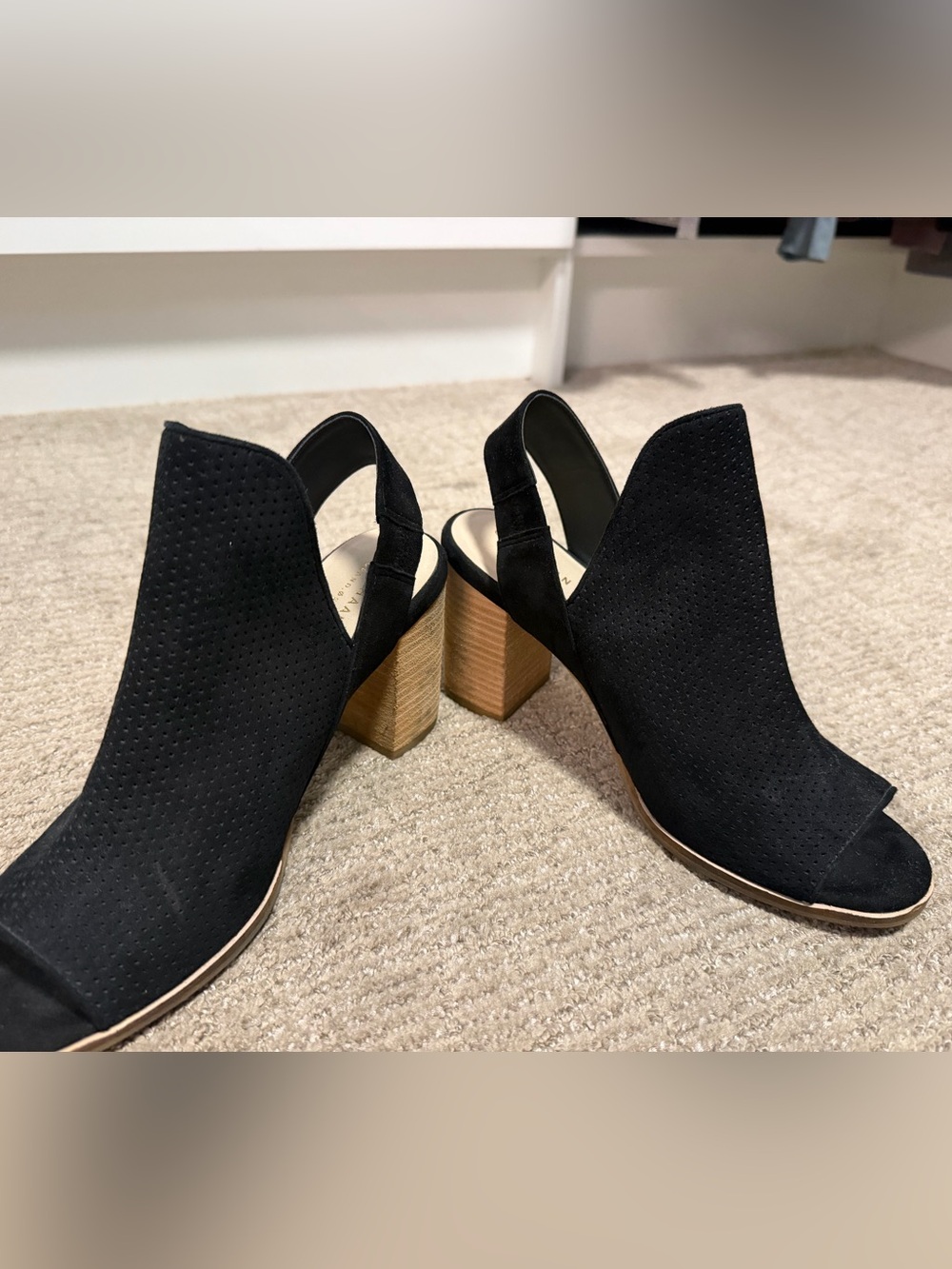 Cole Haan Black Suede Slingback Block Heels with Wood-Look Heel